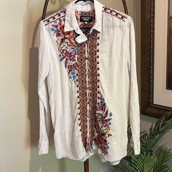 JOHNNY WAS Embroidered Striped Blouse S - Picture 1 of 11